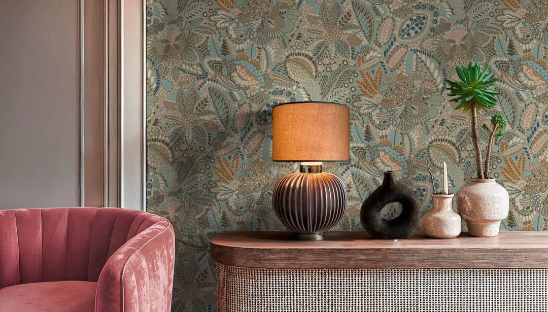 Tapetes ar ziedu un lapam un smalku faktūru | zila, pelēka, roza AS Creation