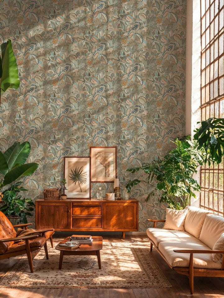 Tapetes ar ziedu un lapam un smalku faktūru | zila, pelēka, roza AS Creation