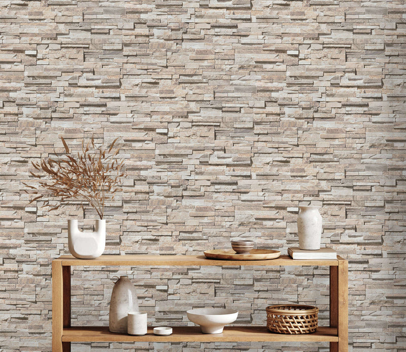 Slightly glossy wallpaper with the look of a stone wall - beige, 1366101 AS Creation