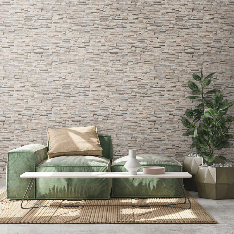 Slightly glossy wallpaper with the look of a stone wall - beige, 1366101 AS Creation