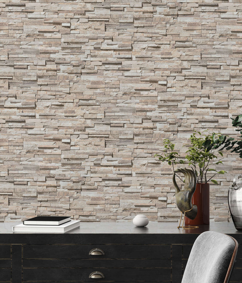 Slightly glossy wallpaper with the look of a stone wall - beige, 1366101 AS Creation