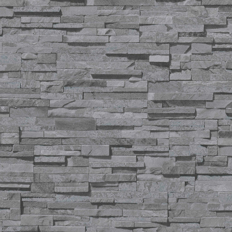 Slightly glossy wallpaper with stone wall look - dark grey, 1366103 AS Creation