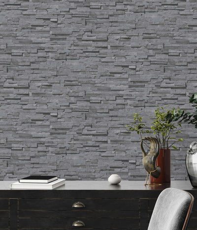Slightly glossy wallpaper with stone wall look - dark grey, 1366103 AS Creation