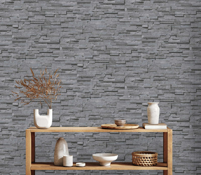 Slightly glossy wallpaper with stone wall look - dark grey, 1366103 AS Creation