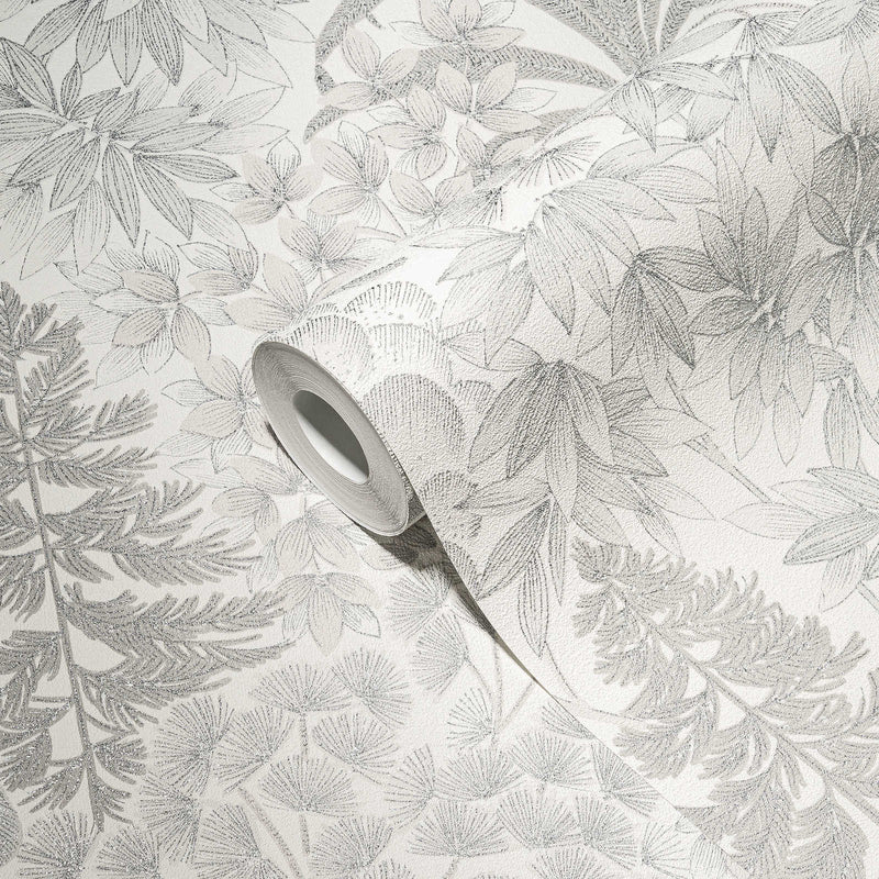 Slightly glossy floral wallpaper in grey and silver, 1374162 AS Creation