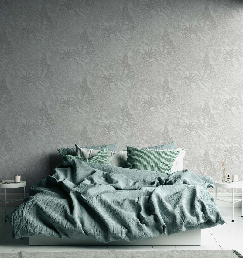 Slightly glossy floral wallpaper in grey and silver, 1374162 AS Creation