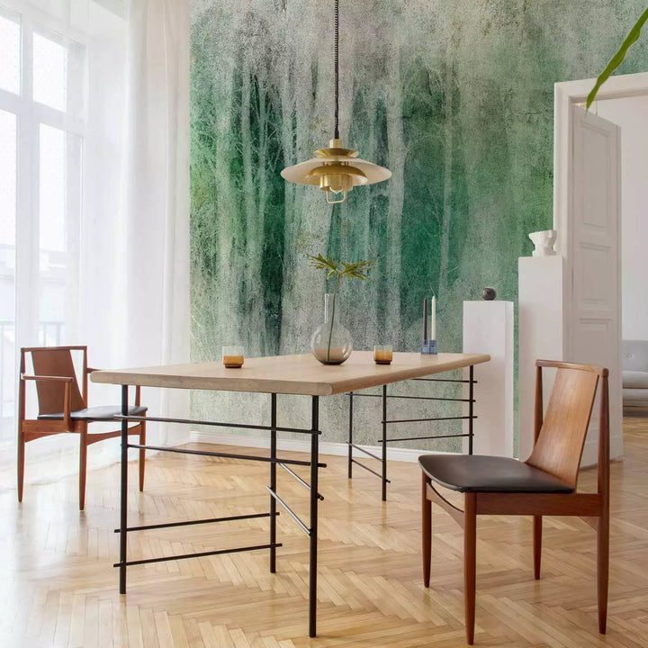 Wall Murals - Bright tree trunks at dark depth: green, 148813