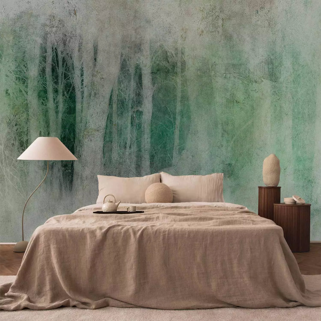 Wall Murals - Bright tree trunks at dark depth: green, 148813