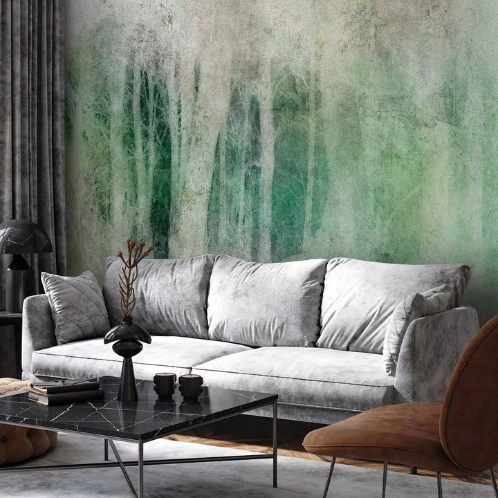 Wall Murals - Bright tree trunks at dark depth: green, 148813
