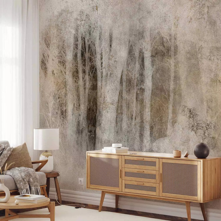 Fototapetai - Tamsiame gylyje šviesūs medžių kamienai: sepija, 148812