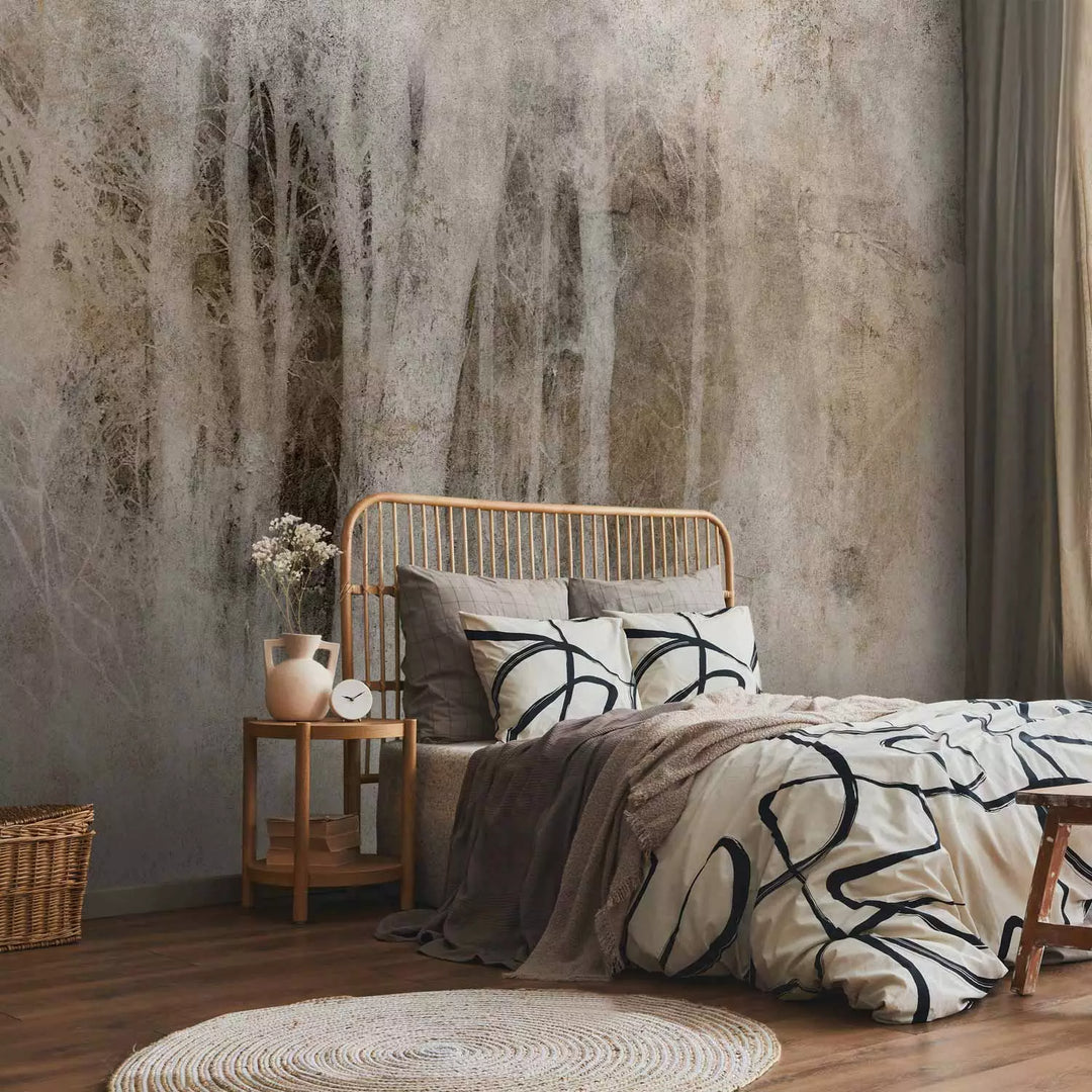 Fototapetai - Tamsiame gylyje šviesūs medžių kamienai: sepija, 148812