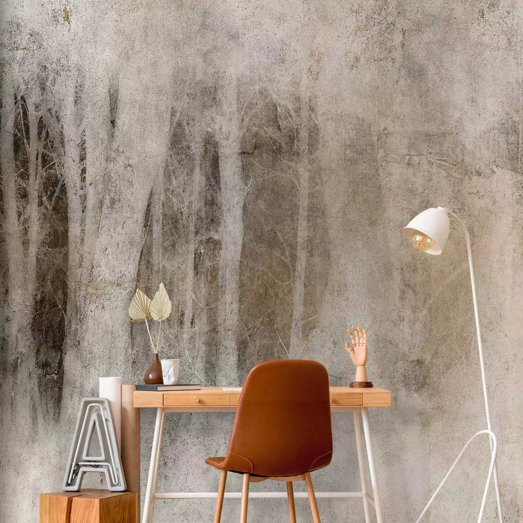 Fototapetai - Tamsiame gylyje šviesūs medžių kamienai: sepija, 148812