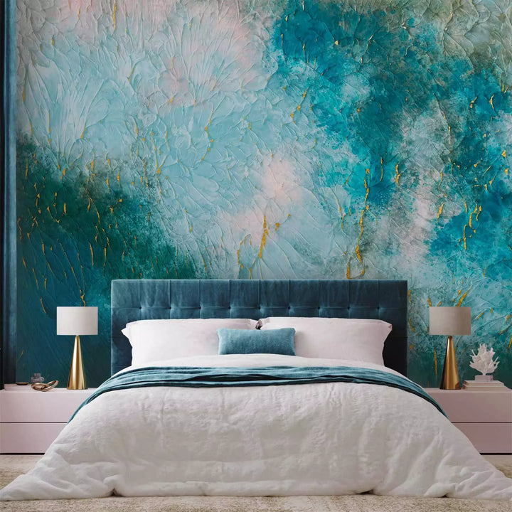 Wall Murals With abstract pattern in blue tones - a gilded wall, 142647