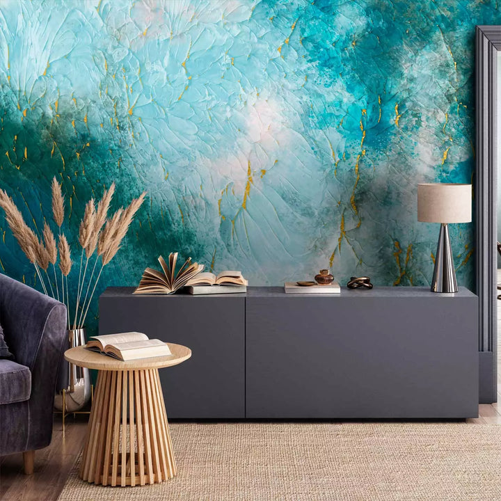 Wall Murals With abstract pattern in blue tones - a gilded wall, 142647