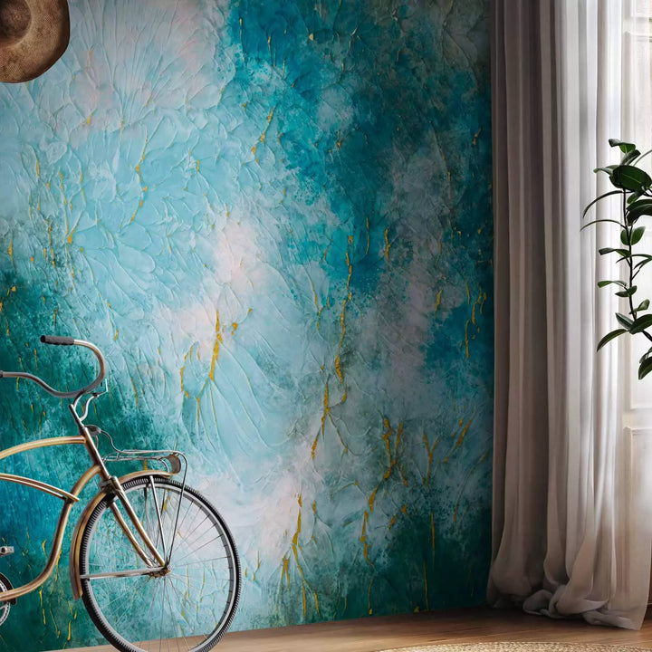 Wall Murals With abstract pattern in blue tones - a gilded wall, 142647