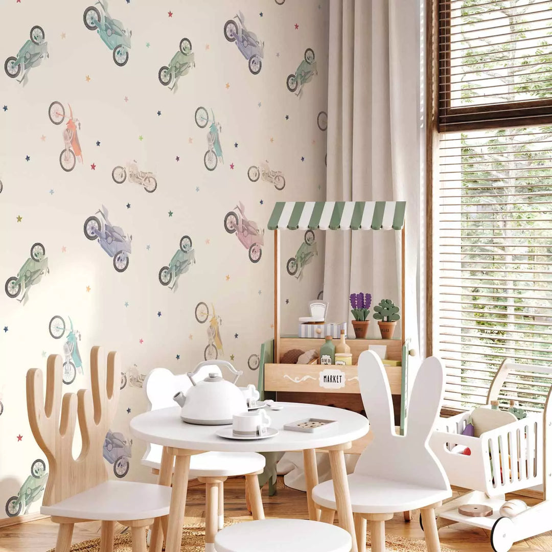 Fototapeet - Värvilised mootorrattad ja tähed heledal taustal, 149202