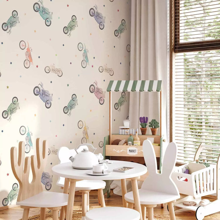 Fototapeet - Värvilised mootorrattad ja tähed heledal taustal, 149202