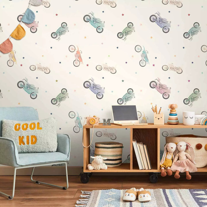 Fototapeet - Värvilised mootorrattad ja tähed heledal taustal, 149202