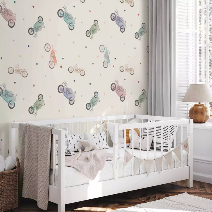 Fototapeet - Värvilised mootorrattad ja tähed heledal taustal, 149202