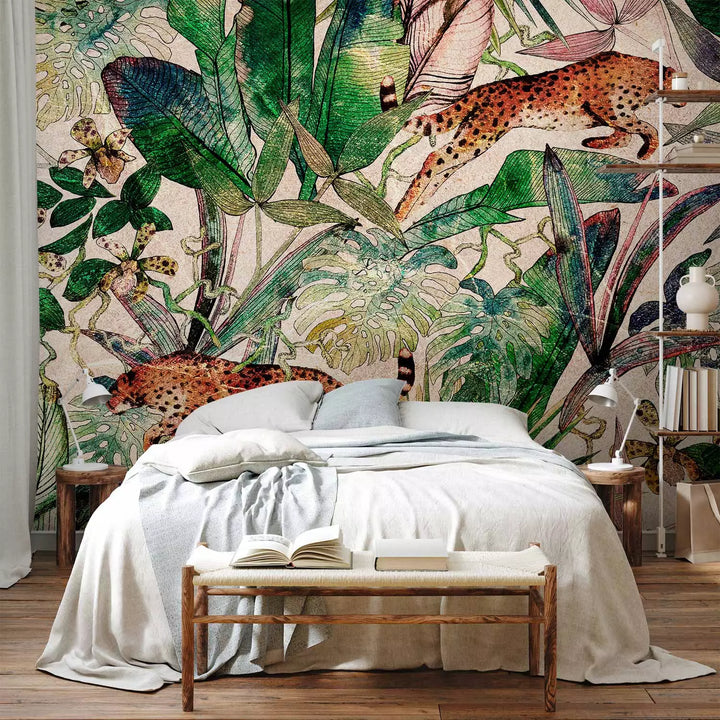 Wall Murals - Cheetahs jumps over exotic leaves, 150969