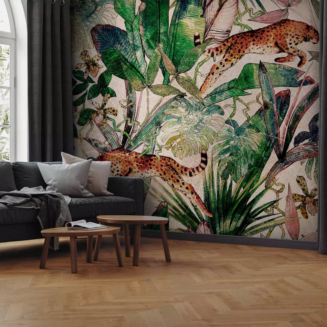 Wall Murals - Cheetahs jumps over exotic leaves, 150969