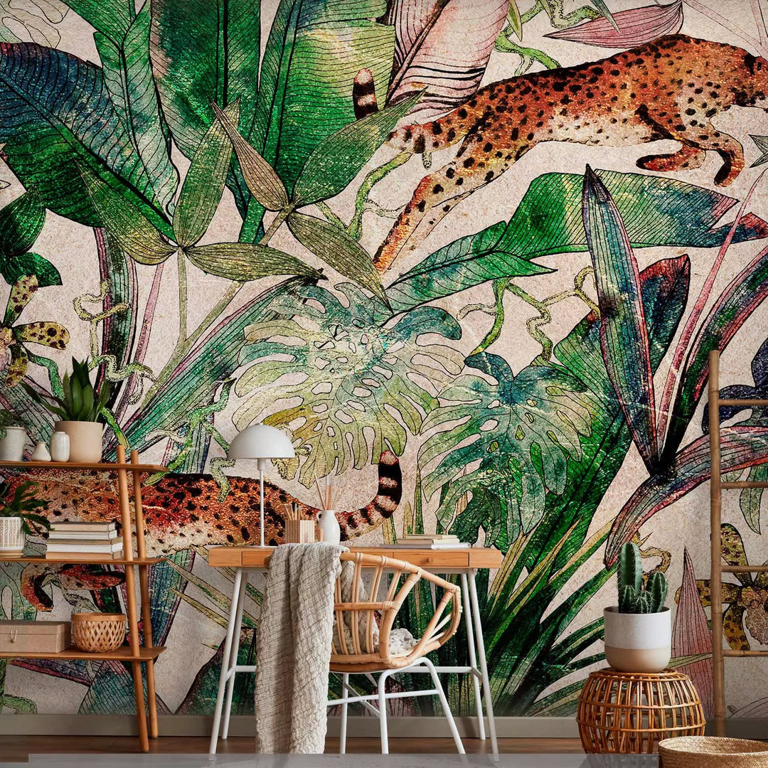 Wall Murals - Cheetahs jumps over exotic leaves, 150969