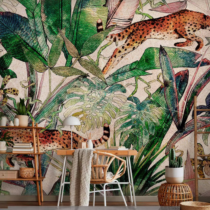 Wall Murals - Cheetahs jumps over exotic leaves, 150969