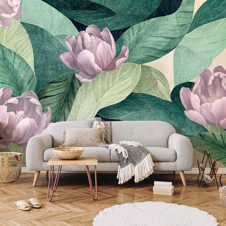 Wall Murals - Flowers on the background of a stately leaves in green tone, 151288