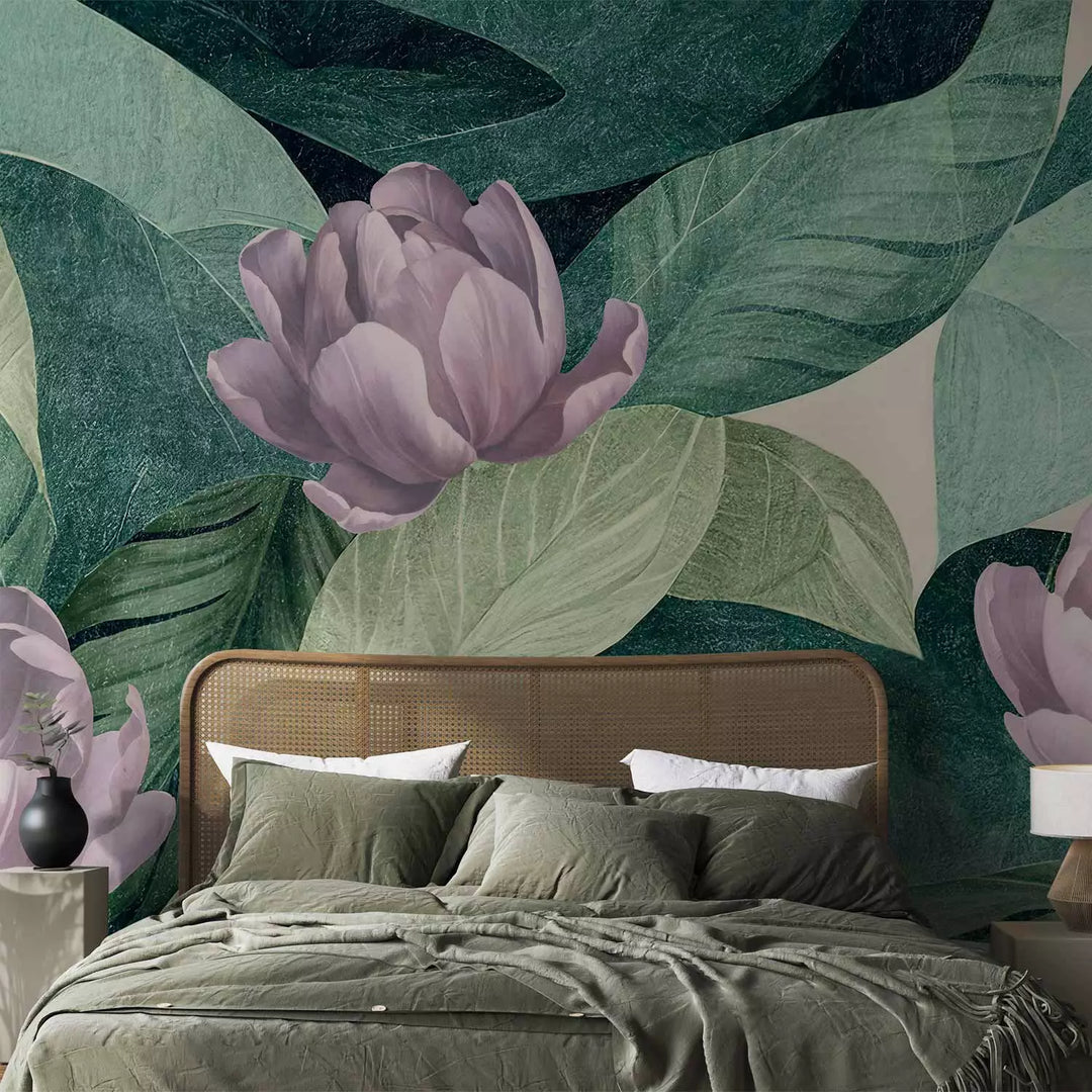 Wall Murals - Flowers on the background of a stately leaves in green tone, 151288