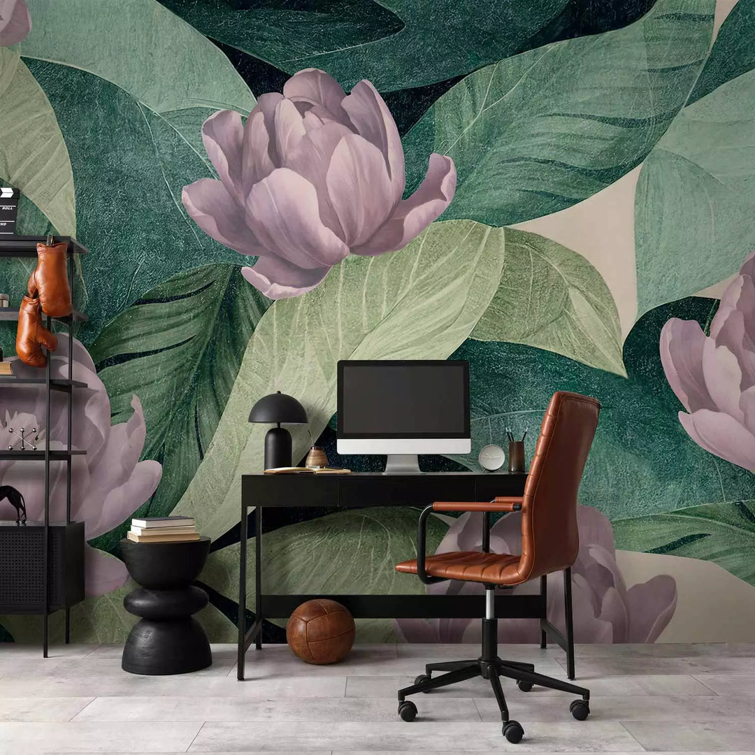 Wall Murals - Flowers on the background of a stately leaves in green tone, 151288