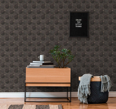 Retro wallpaper with graphic pattern and metallic accent - brown Tapetenshop.lv