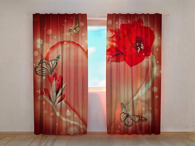 Romantic curtains with butterflies and love theme in red Tapetenshop.lv