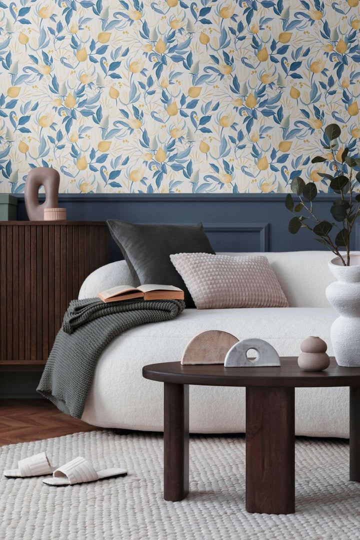 Rotaļīgas neaustas tapetes ar eksotiskām ziediem | Balta, zila, dzeltena | 3010142 AS Creation