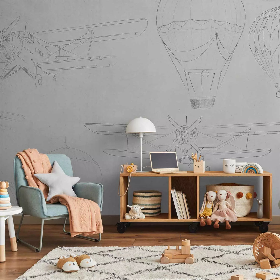 Fototapeet - Lennukite ja õhupallide visandid hallile taustale, 150316