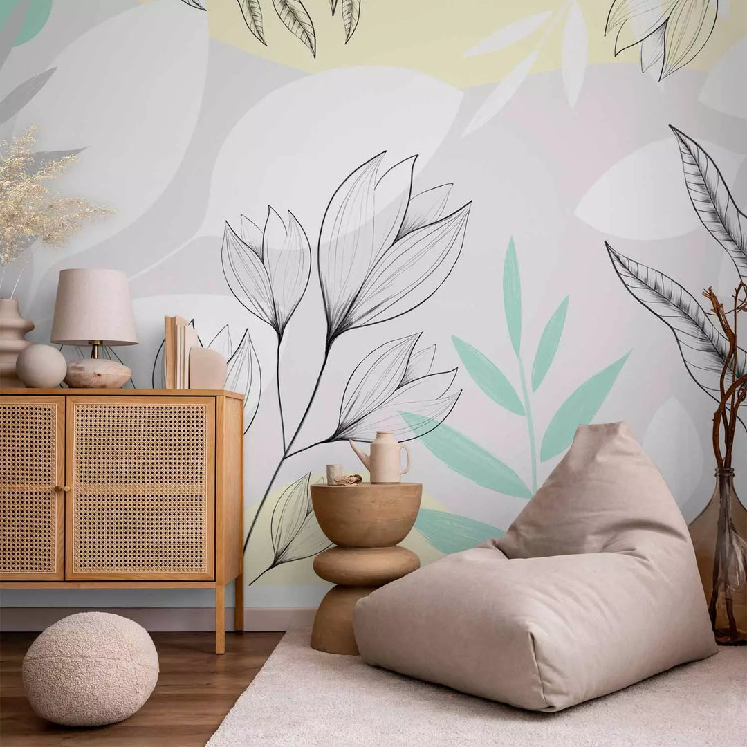 Fototapeet - Kompositsioon lillede ja lehtedega valge ja halli värviga, 138802