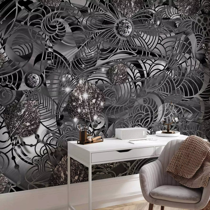 Valokuvatapetti tyyliteltyjä lehtiä tummissa sävyissä, 135422