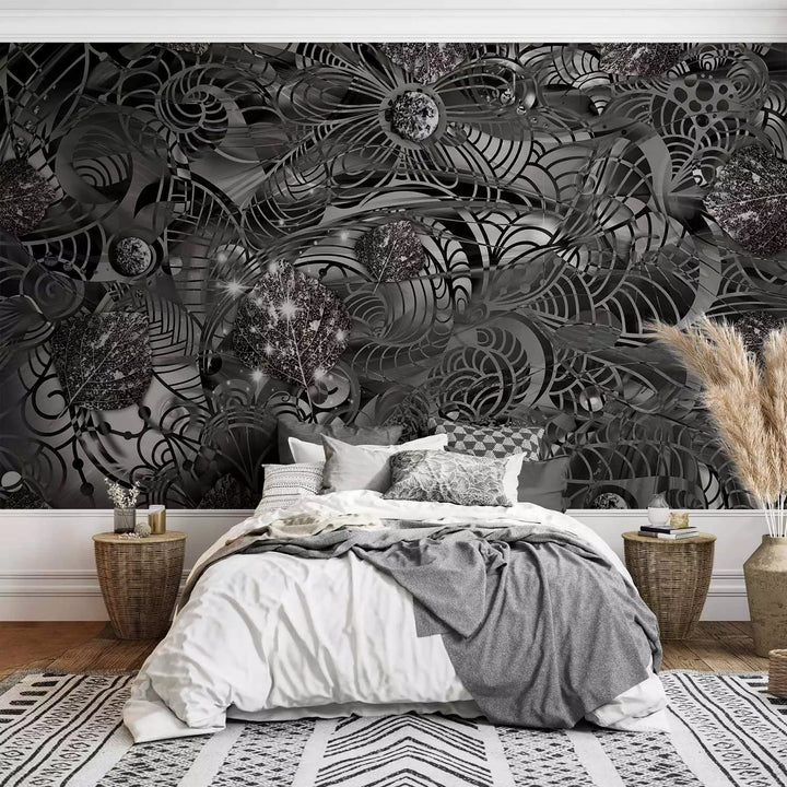 Valokuvatapetti tyyliteltyjä lehtiä tummissa sävyissä, 135422