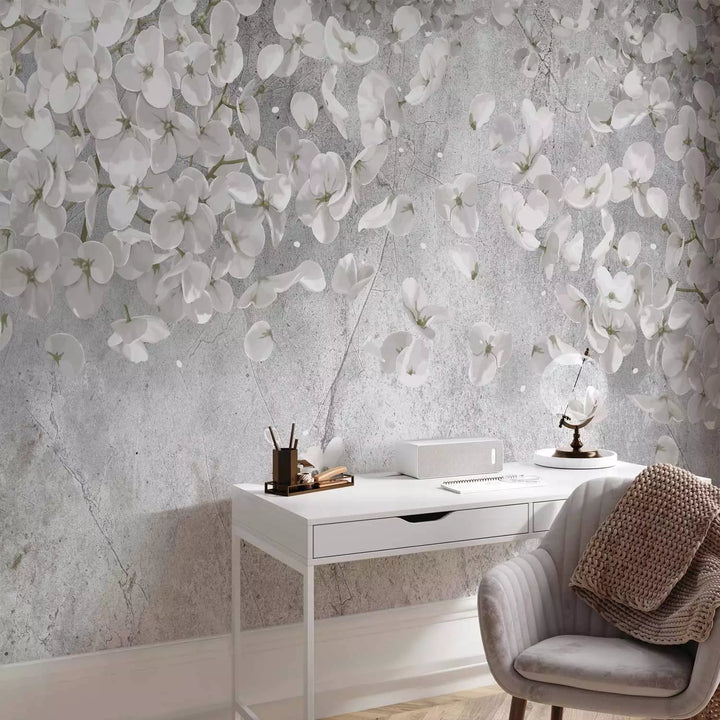 Fototapetes - Balti ziedi uz pelēka betona, 137926