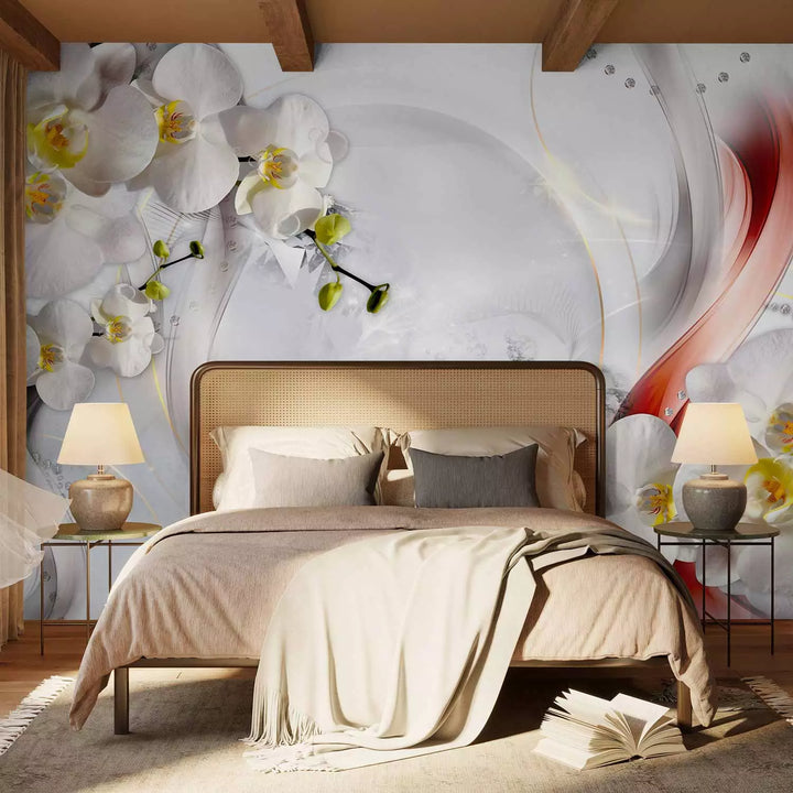 Fototapetes - ziedu kompozīcija uz balta fona ar viļņiem, 132223