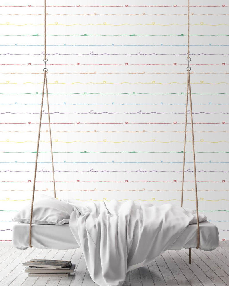 Striped nursery wallpaper with hearts, multicoloured 1350731 Without PVC AS Creation