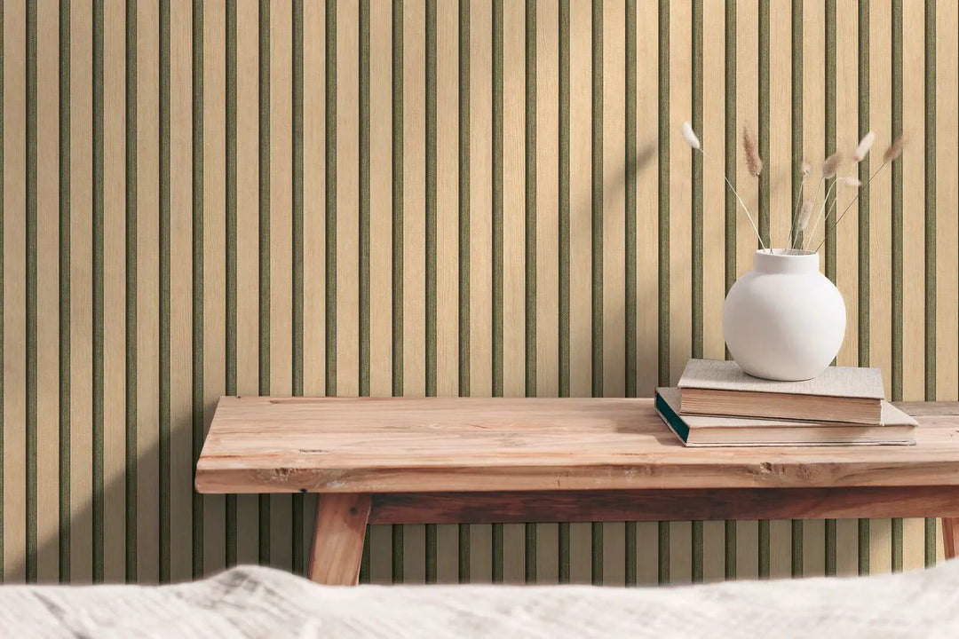 Svītrainas tapetes ar koka imitāciju bēšā krāsā, nedaudz spīdīga virsma - 3000333 AS Creation