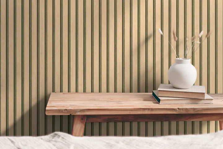 Svītrainas tapetes ar koka imitāciju bēšā krāsā, nedaudz spīdīga virsma - 3000333 AS Creation