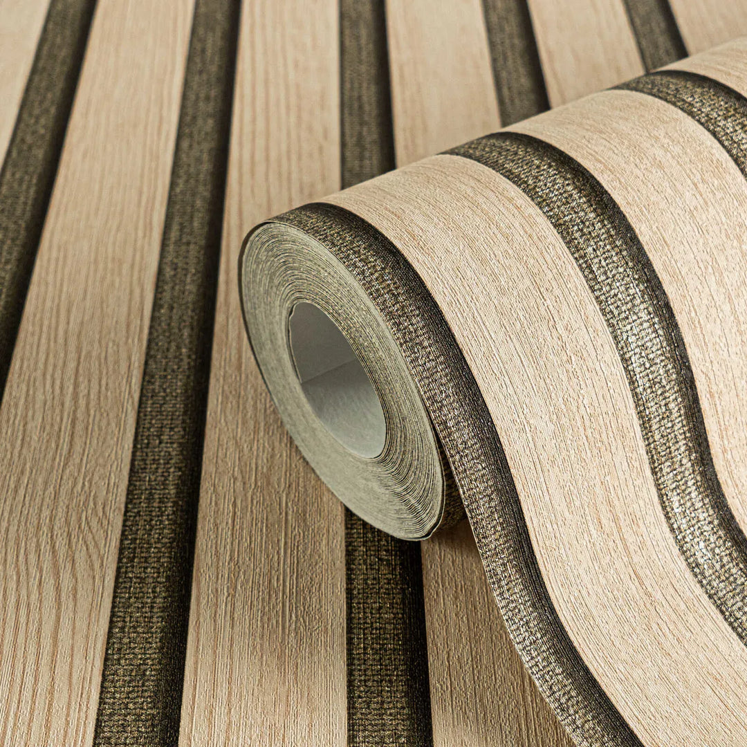 Svītrainas tapetes ar koka imitāciju bēšā krāsā, nedaudz spīdīga virsma - 3000333 AS Creation