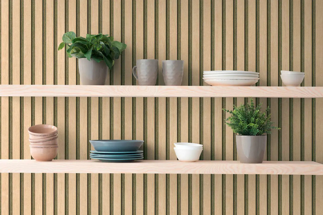 Svītrainas tapetes ar koka imitāciju bēšā krāsā, nedaudz spīdīga virsma - 3000333 AS Creation