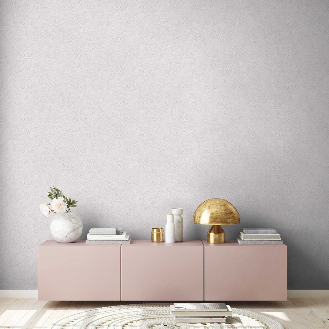 Art Deco tapetes ar ornamentu un ģipša izskatu - krēmkrāsas toņos Tapetenshop.lv