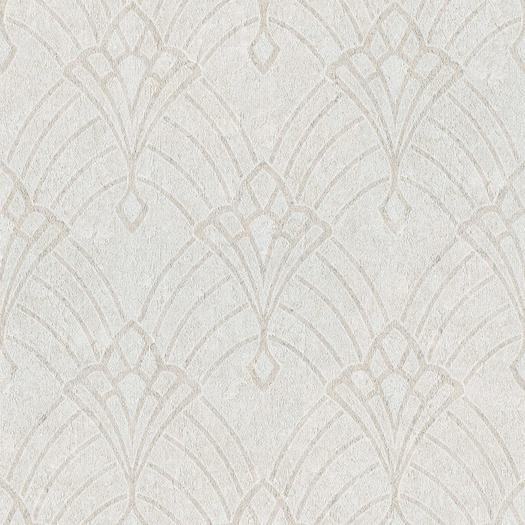 Art Deco tapetes ar ornamentu un ģipša izskatu bēšos toņos 380943 Tapetenshop.lv