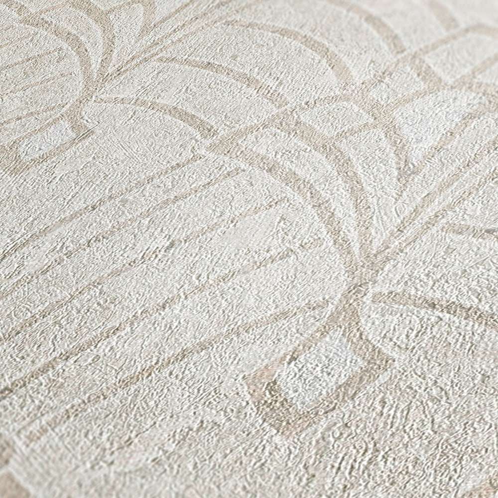 Art Deco tapetes ar ornamentu un ģipša izskatu bēšos toņos 380943 Tapetenshop.lv
