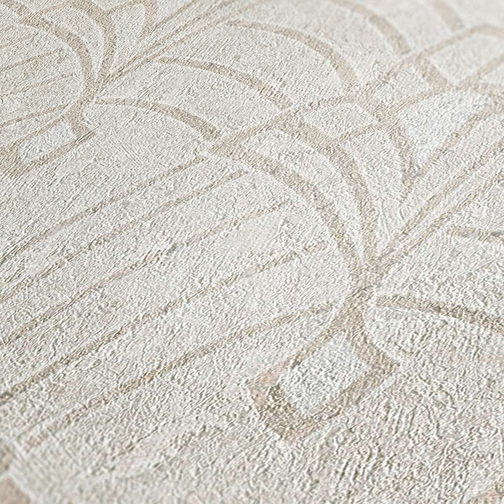 Art Deco tapetes ar ornamentu un ģipša izskatu bēšos toņos 380943 Tapetenshop.lv