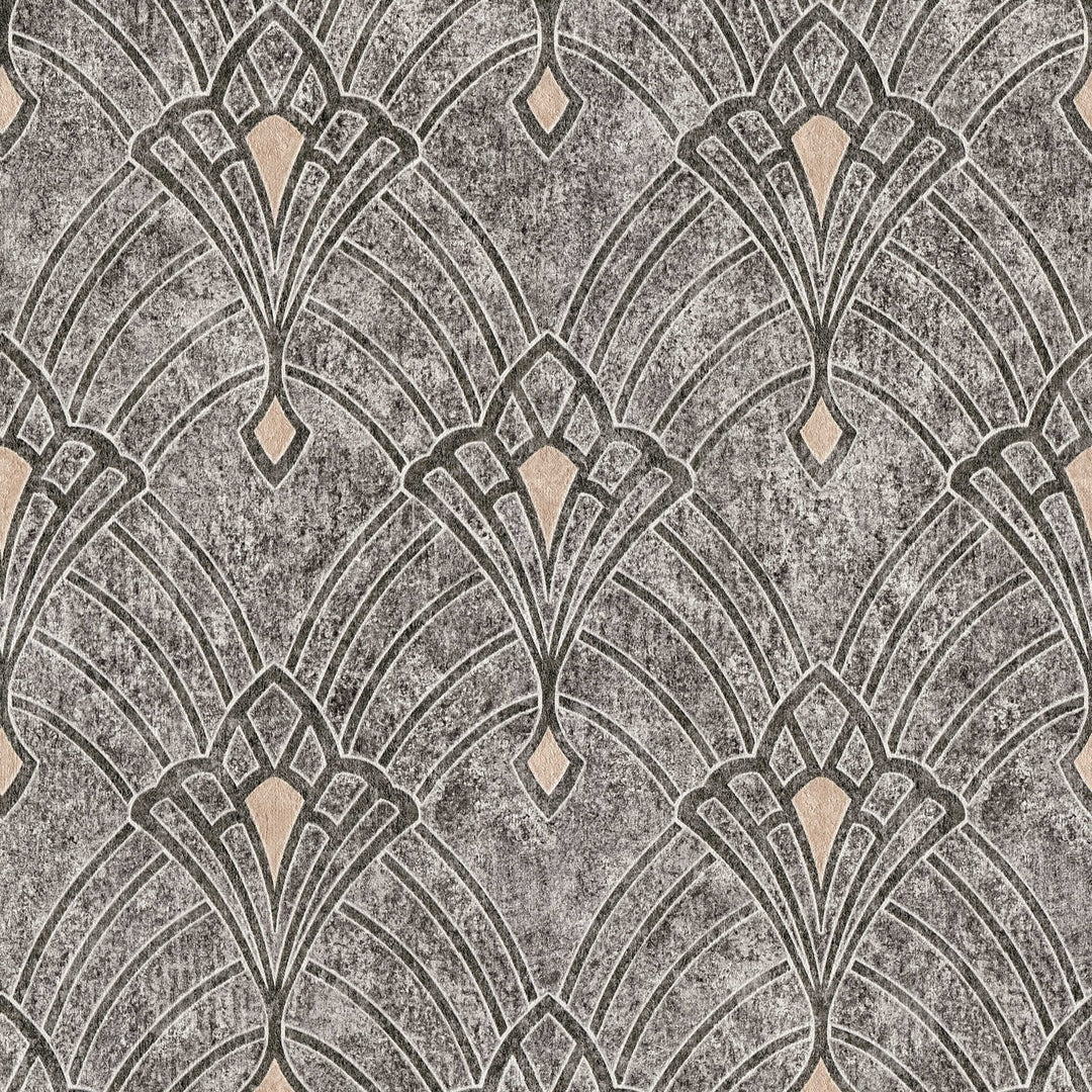 Art Deco tapetes ar ornamentu un ģipša izskatu melnā krāsā 380944 Tapetenshop.lv