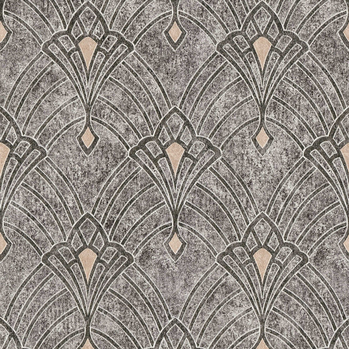 Art Deco tapetes ar ornamentu un ģipša izskatu melnā krāsā 380944 Tapetenshop.lv
